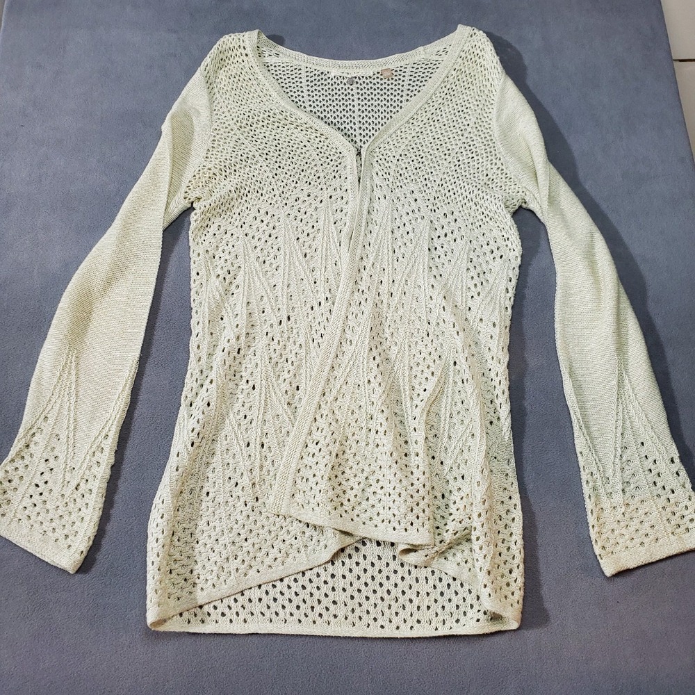 Knitted & Knotted Cardigan Womens L Beige Excellent Crochet Open Knit Sweater